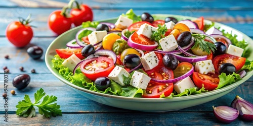 Fresh and colorful Greek salad with feta cheese, olives, tomatoes, cucumbers, and onions, healthy, Mediterranean