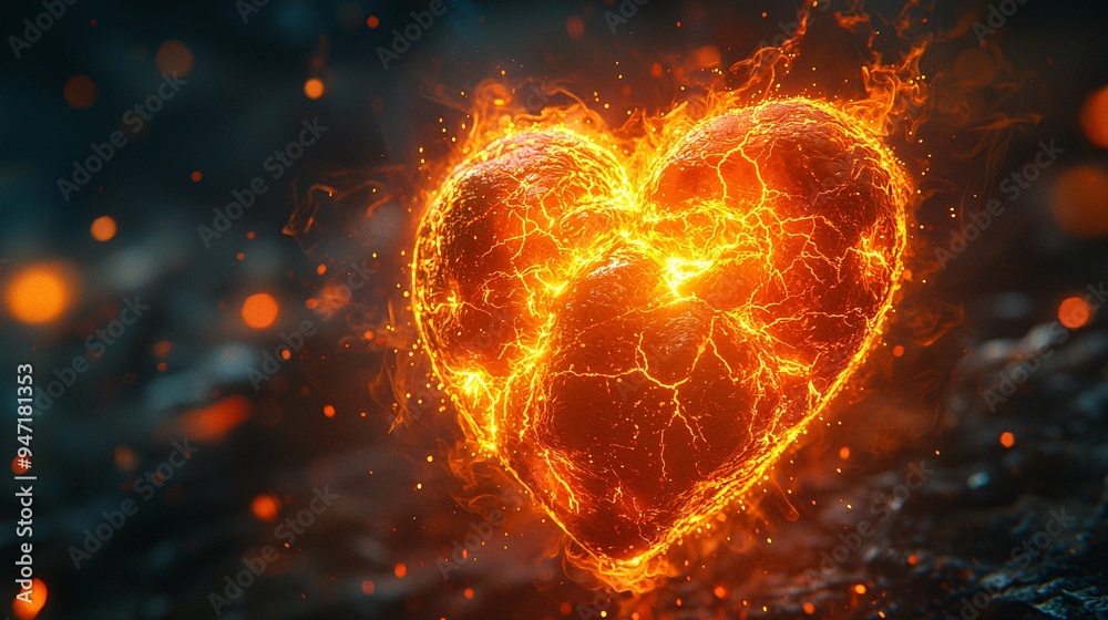 A glowing human heart surrounded by electrical arcs, symbolizing the electrical activity of the heart's cells. A glowing human heart surrounded by electrical arcs, symbolizing the electrical activity of the heart's cells.
