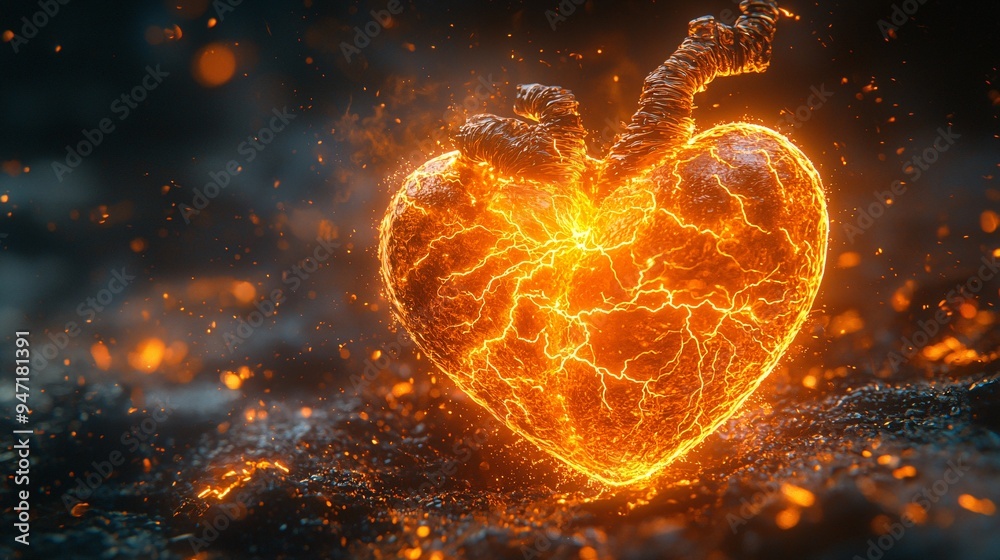 A glowing human heart surrounded by electrical arcs, symbolizing the electrical activity of the heart's cells. A glowing human heart surrounded by electrical arcs, symbolizing the electrical activity of the heart's cells.