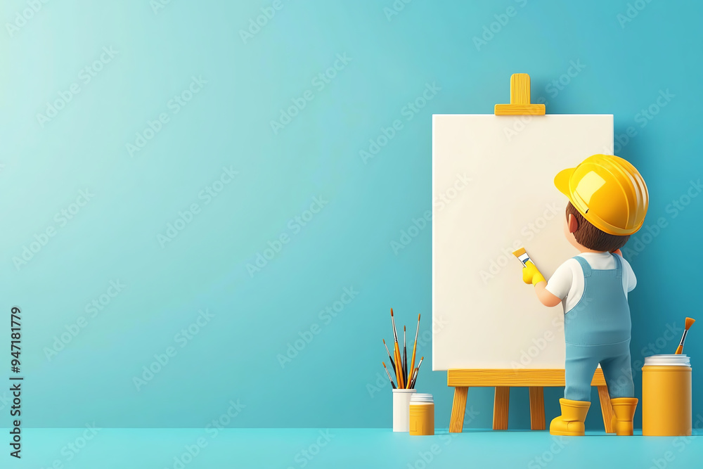 A young artist in a hard hat paints on a blank canvas, showcasing creativity and imagination in a vibrant workspace. A young artist in a hard hat paints on a blank canvas, showcasing creativity and imagination in a vibrant workspace.