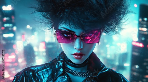 Futuristic person with vibrant pink sunglasses and a bold hairstyle, set against a neon-lit city background. Cyberpunk fashion and aesthetics.