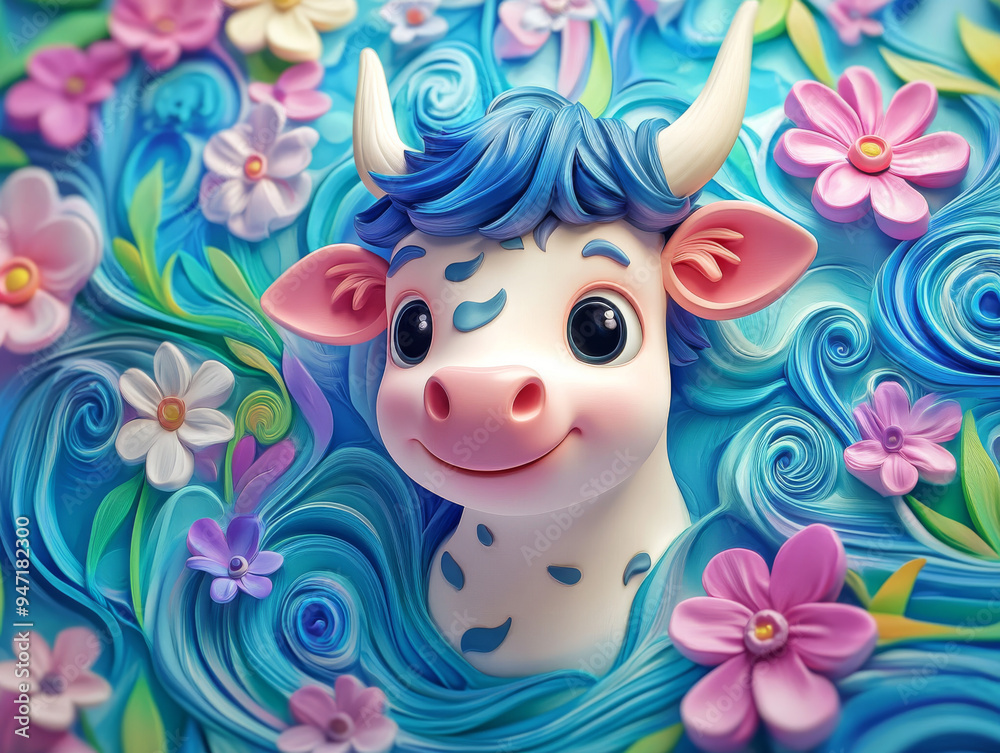 Whimsical 3D Claymation Art of Adorable Cow Surrounded by Colorful Waves and Flowers Whimsical 3D Claymation Art of Adorable Cow Surrounded by Colorful Waves and Flowers