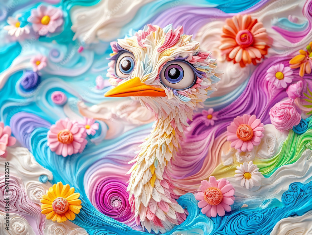 Whimsical 3D Claymation: Adorable Ostrich in Vibrant Pastel Waves Whimsical 3D Claymation: Adorable Ostrich in Vibrant Pastel Waves