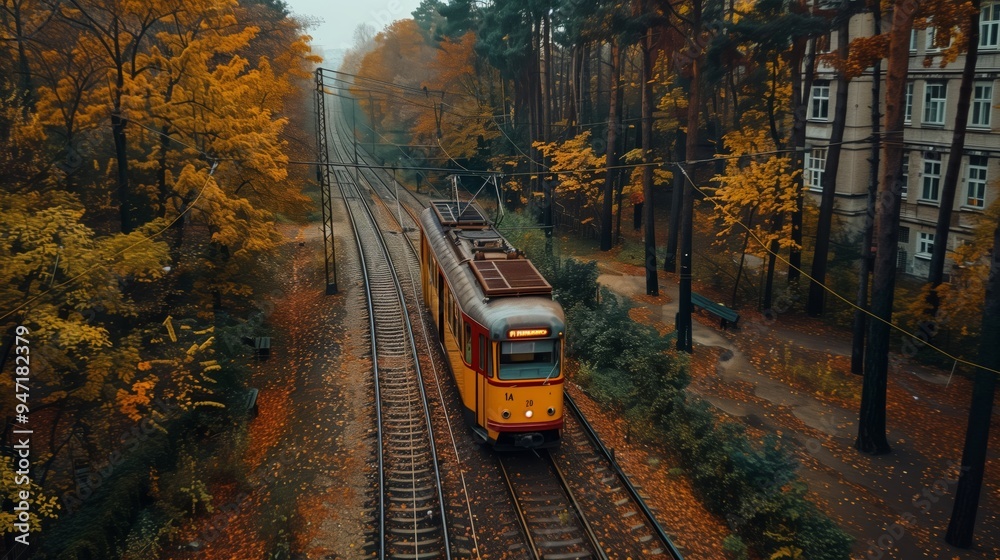 Fototapeta premium Tram on railroad in autumn forest