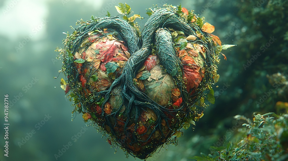 Obraz premium An artistic representation of the human heart made entirely of intertwined tree branches and leaves, signifying a connection to nature.
