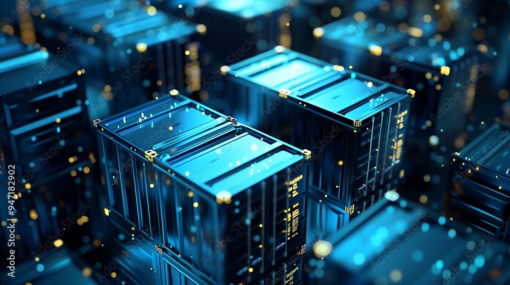 Digital data storage servers with glowing lights, high-tech infrastructure