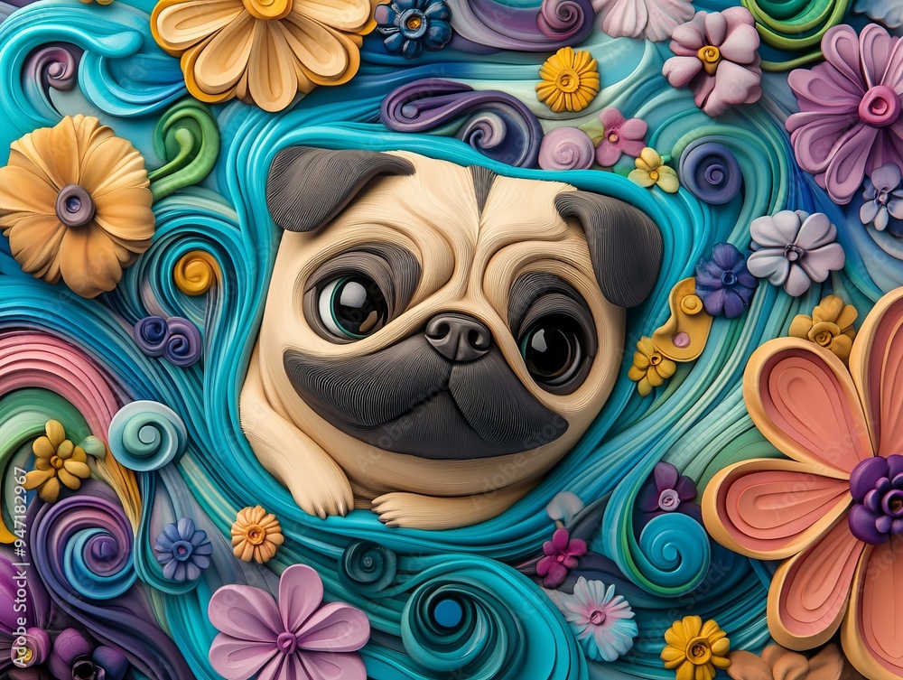 Enchanting 3D Whimsical Claymation of Adorable Pug Dog with Vibrant Pastel Waves and Delicate Flowers Enchanting 3D Whimsical Claymation of Adorable Pug Dog with Vibrant Pastel Waves and Delicate Flowers