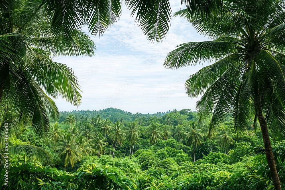 Obraz premium Idyllic tropical scene with palm trees and banana plants framing a verdant landscape, soft breezes rustling the lush greenery, natural splendor, peaceful retreat
