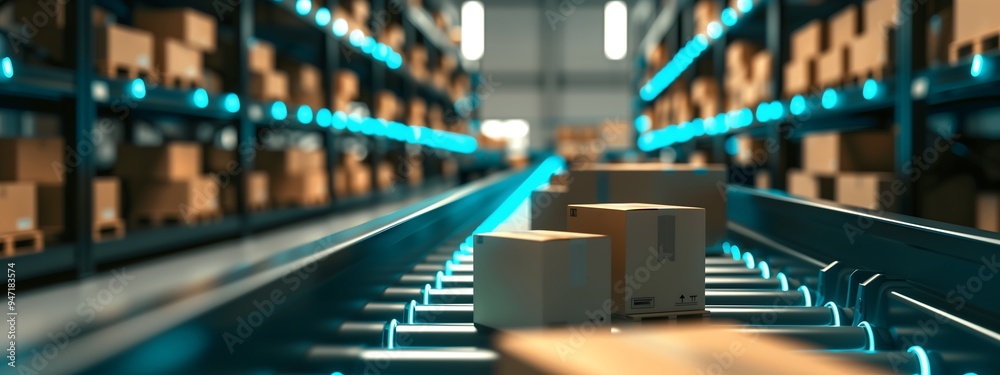 Automated conveyor moving packages in high-tech warehouse Automated conveyor moving packages in high-tech warehouse