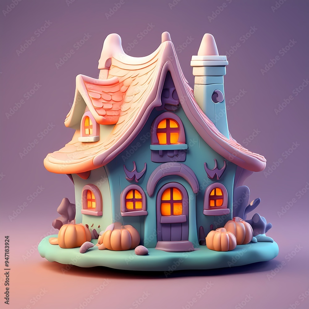 A small house with a pink roof and purple trim A small house with a pink roof and purple trim