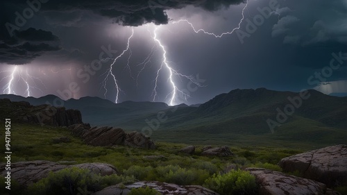 Lightning over the rocky highlands. Dramatic power, lightning illuminating rugged terrain, light on rocky peaks during storm. photo