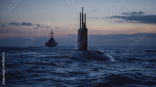 Partially Surfaced Submarine Preparing for Destroyer Engagement