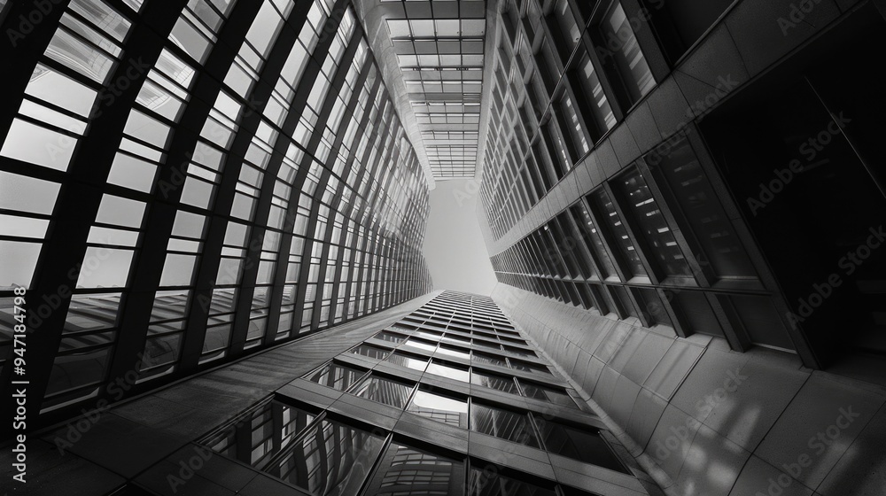 A black and white photograph of a tall building's silhouette against the sky A black and white photograph of a tall building's silhouette against the sky