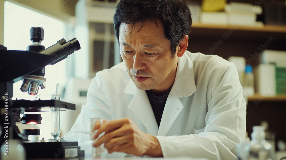 顕微鏡で分析を行う科学者 顕微鏡で分析を行う科学者