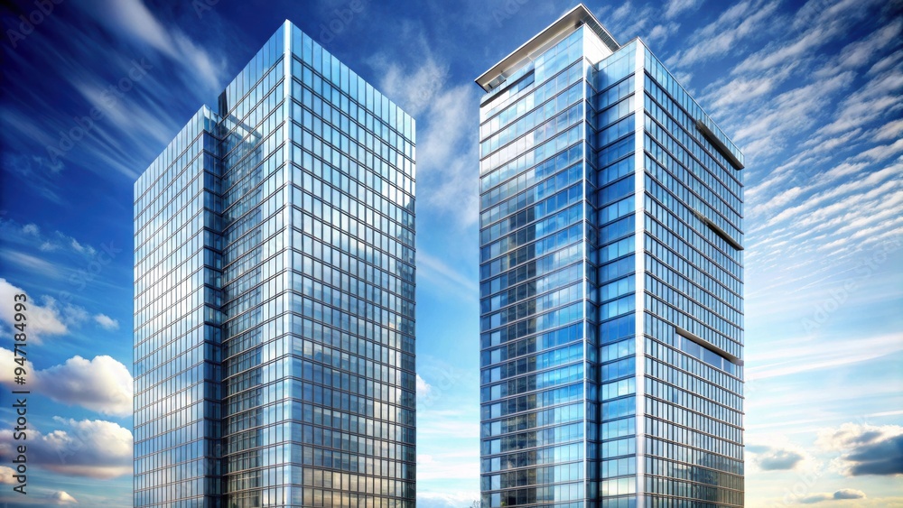 Fototapeta premium Two modern tall buildings standing side by side with glass facades