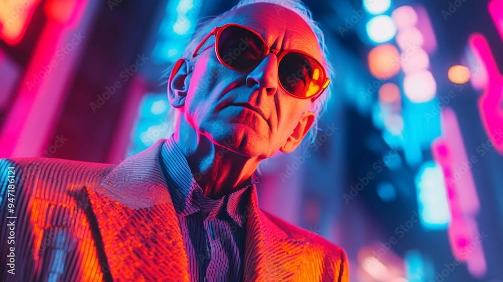 Stylish elderly man in sunglasses and colorful neon lights reflecting urban nightlife and vibrant city atmosphere. Stylish elderly man in sunglasses and colorful neon lights reflecting urban nightlife and vibrant city atmosphere.
