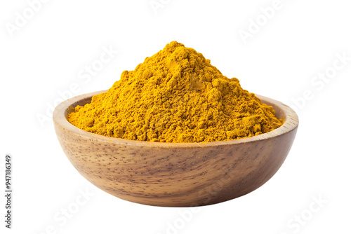 Turmeric (Curcuma) powder pile in wood bowl isolated on transparent png