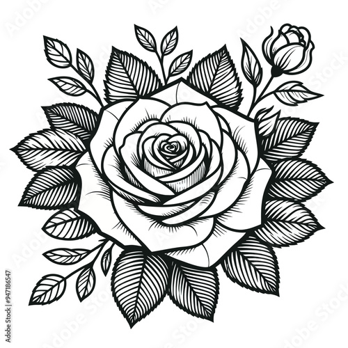 A close-up of a large rose with each petal clearly defined, surrounded by simple leaves.1.eps