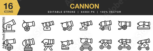 Cannon icon set. Editable Stroke Icon Collection. Includes cannon bomb icons and More. Outline icons vector collection.