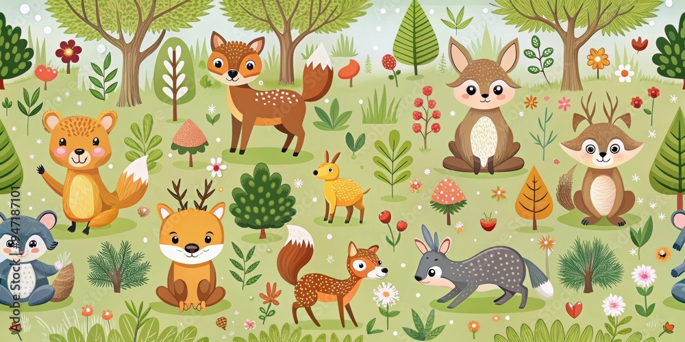 Naklejka premium Seamless pattern featuring cute woodland animals playing in the forest, woodland, animals, seamless, pattern, forest, cute, wildlife