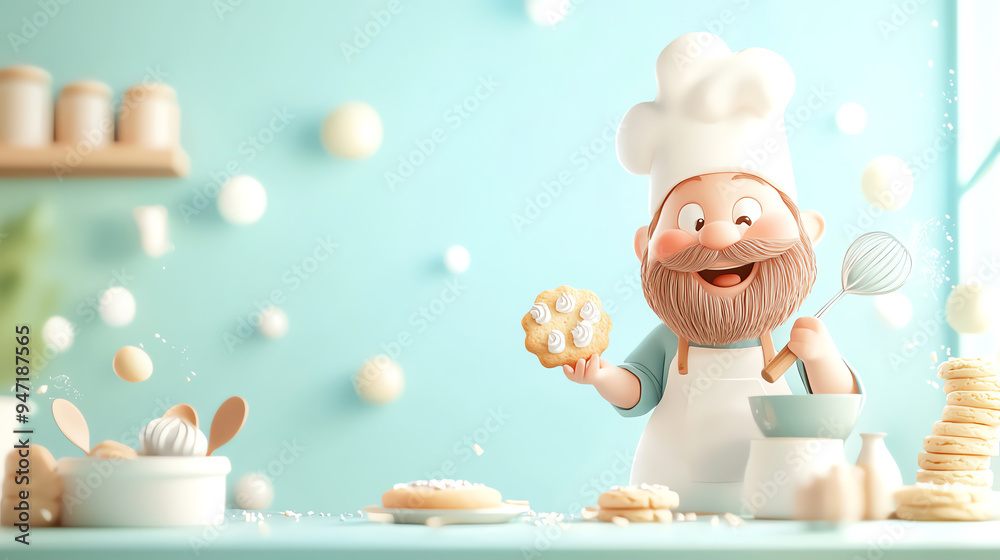 Cheerful chef with a big smile, creating delicious pastries in a bright kitchen full of baking tools and ingredients. Cheerful chef with a big smile, creating delicious pastries in a bright kitchen full of baking tools and ingredients.