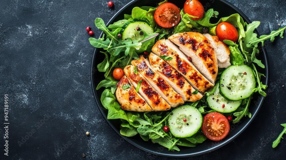 Top view of Grilled Chicken Breast with Fresh Vegetable. copy space Top view of Grilled Chicken Breast with Fresh Vegetable. copy space