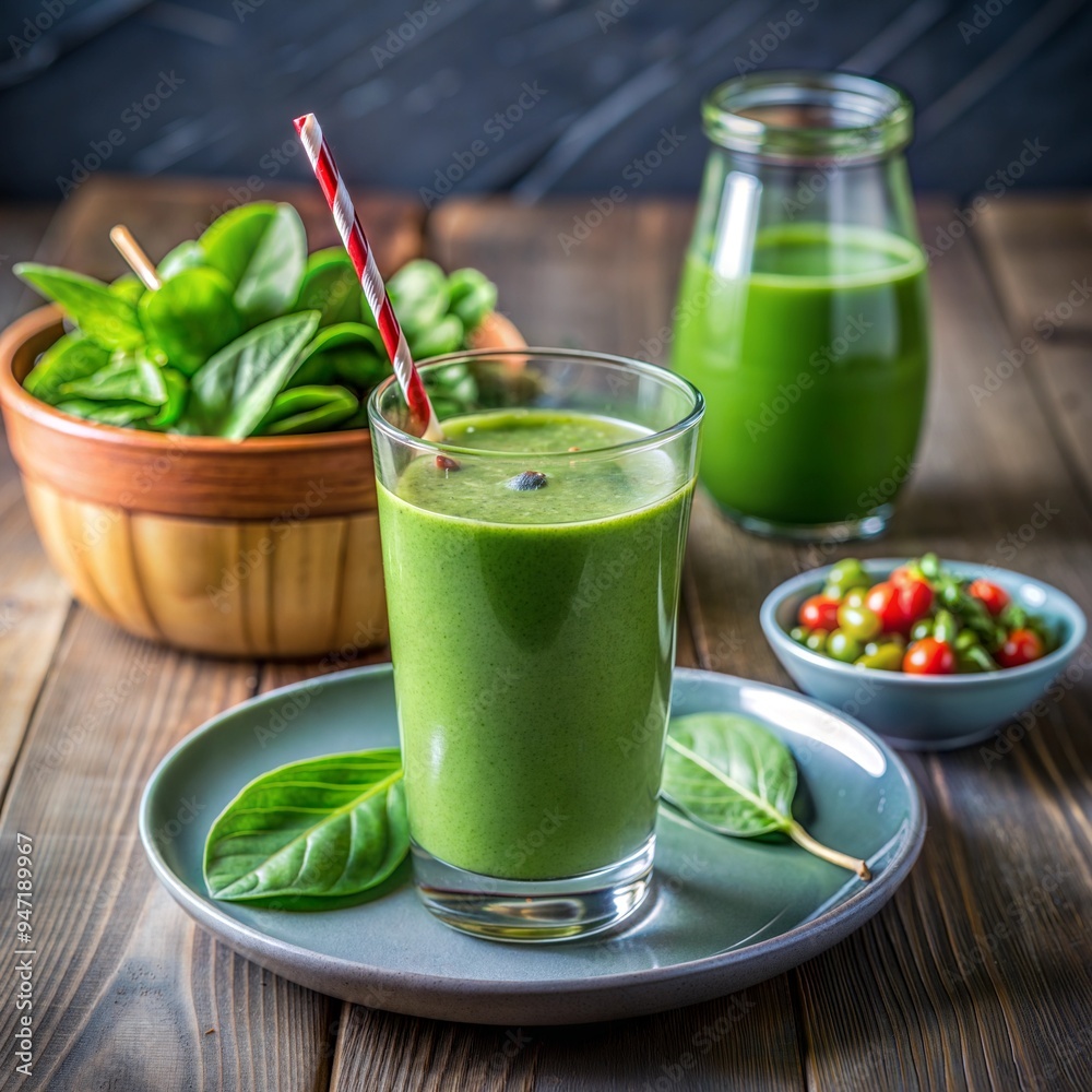 A vibrant spinach smoothie in a glass with a straw, next to a plate of spinach salad. A vibrant spinach smoothie in a glass with a straw, next to a plate of spinach salad.