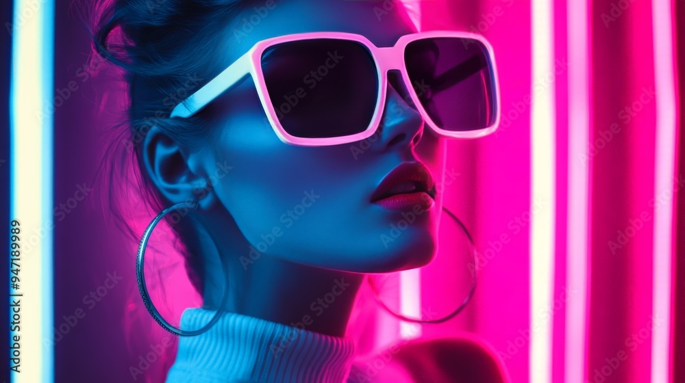 Stylish woman in neon lights wearing oversized sunglasses and hoop earrings, perfect for modern and futuristic fashion concepts. Stylish woman in neon lights wearing oversized sunglasses and hoop earrings, perfect for modern and futuristic fashion concepts.