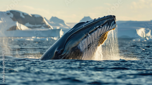 Breathtaking Blue Whale Diving in Antarctic Waters with Icebergs