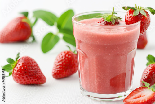 A glass of strawberry fruit juice, healthy drink vegan food