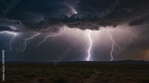 Lightning across dark sky in wilderness. Raw energy, lightning illuminating untouched landscape and wild terrain during storm.