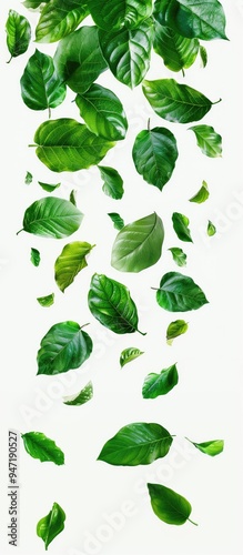 Falling Tropical Green Leaves, Jungle Island Foliage Isolated on White, Nature Organic Natural Leaf Overlay Element