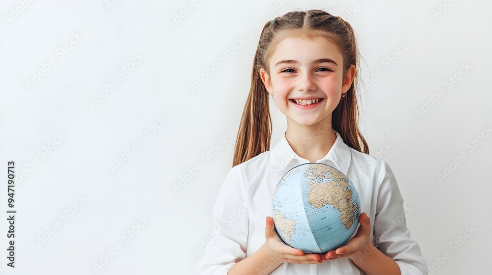 Smiling Schoolgirl Holding a Globe on White Background Smiling Schoolgirl Holding a Globe on White Background