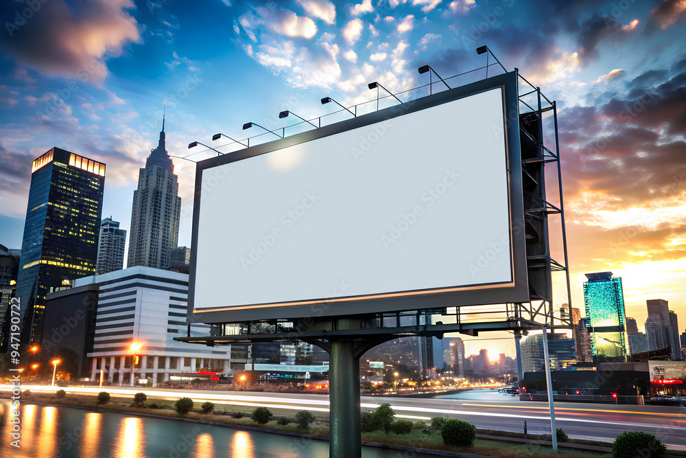 A billboard in a bustling city center with the cityscape providing a dynamic, busy background A billboard in a bustling city center with the cityscape providing a dynamic, busy background