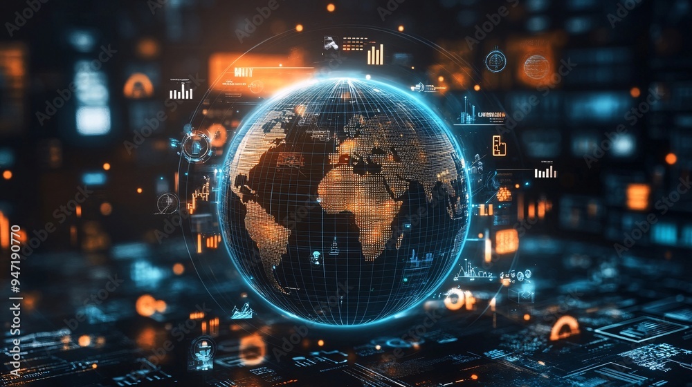 Global Network Intelligence: A 3D rendered Earth pulsates with data visualizations, symbolizing global connectivity and the power of information technology. 