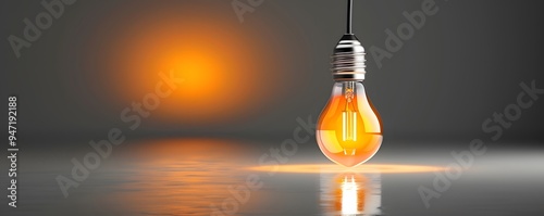 Illumination's Reflection: A solitary light bulb glows intensely, casting a warm, radiant glow on a reflective surface, symbolizing innovation, creativity, and the power of ideas.  photo