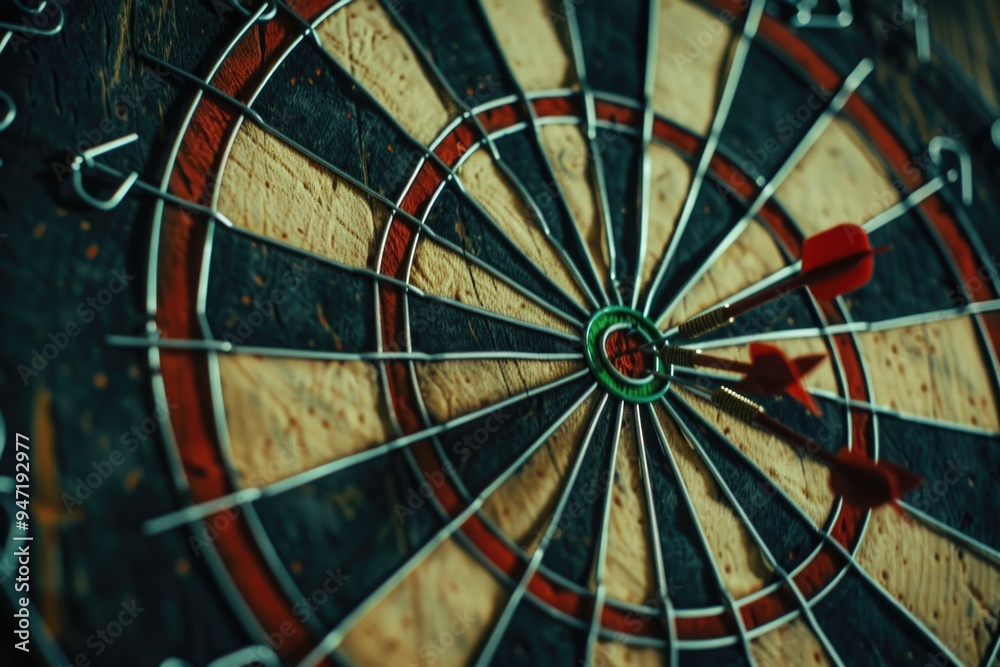 A close-up view of a dart stuck in the center of a dartboard, ideal for use in illustrations or graphics related to games, sports, or leisure activities A close-up view of a dart stuck in the center of a dartboard, ideal for use in illustrations or graphics related to games, sports, or leisure activities
