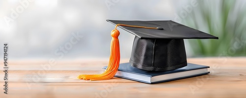 Graduation Cap and Diploma:  A symbolic image of academic achievement, featuring a black graduation cap perched atop a closed book, with a golden tassel extending toward the viewer. The cap represents photo