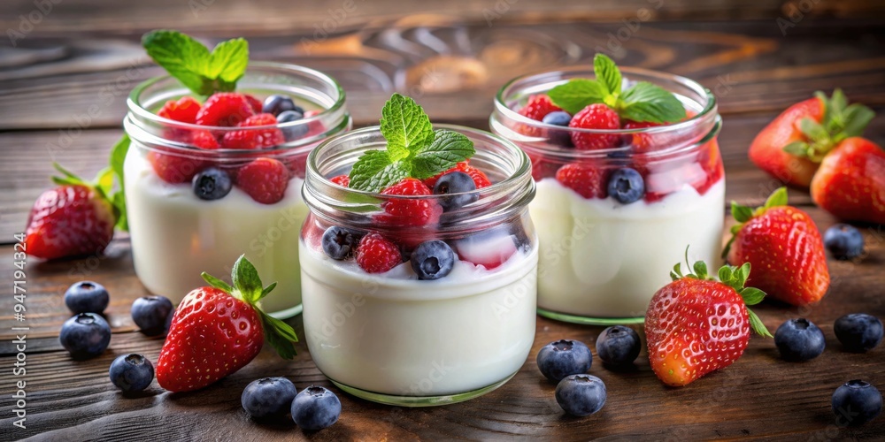 Three glass containers with yogurt and fresh fruit slices surrounded by berries on a table , yogurt, glass, fresh fruit Three glass containers with yogurt and fresh fruit slices surrounded by berries on a table , yogurt, glass, fresh fruit