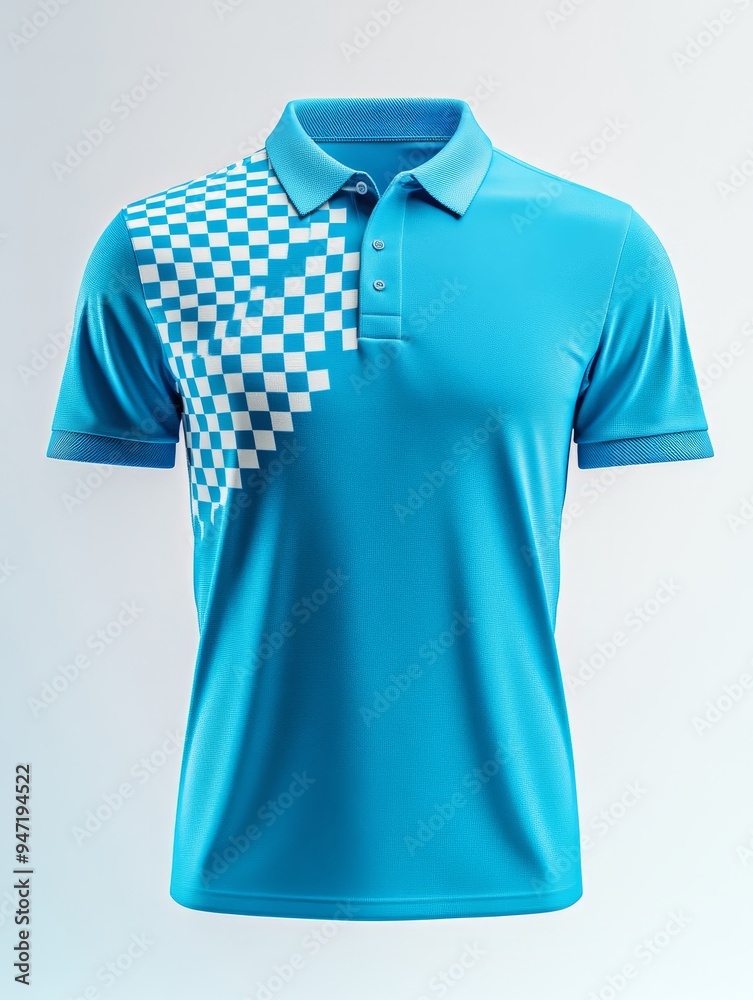 Modern Cyan and Sky Blue Polo Shirt Mockup with Checkerboard Design on Left Chest
