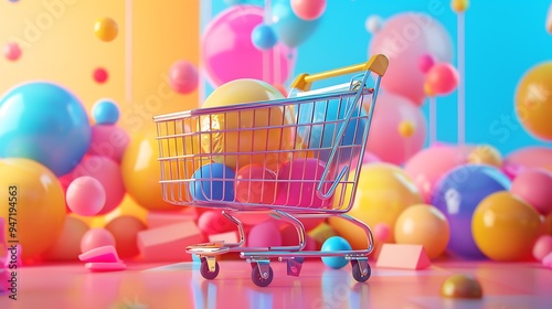 3D shopping cart promo scene, dynamic and colorful.