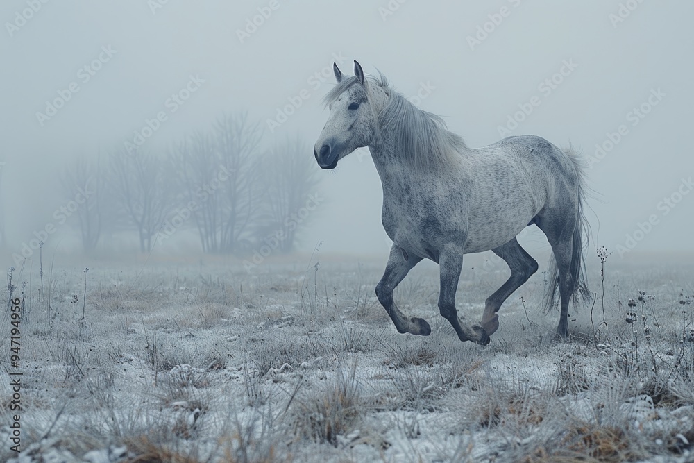 Against the backdrop of a snowy winter field, a graceful white horse runs in a powerful gallop, evoking a sense of wonder and serenity. Against the backdrop of a snowy winter field, a graceful white horse runs in a powerful gallop, evoking a sense of wonder and serenity.