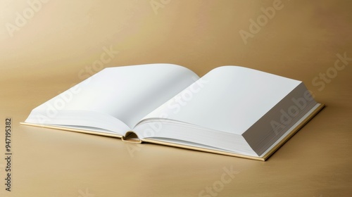 A pristine white hardcover book lies open on a golden surface, its blank pages inviting endless possibilities for creativity and expression. Ideal for designers and writers. photo