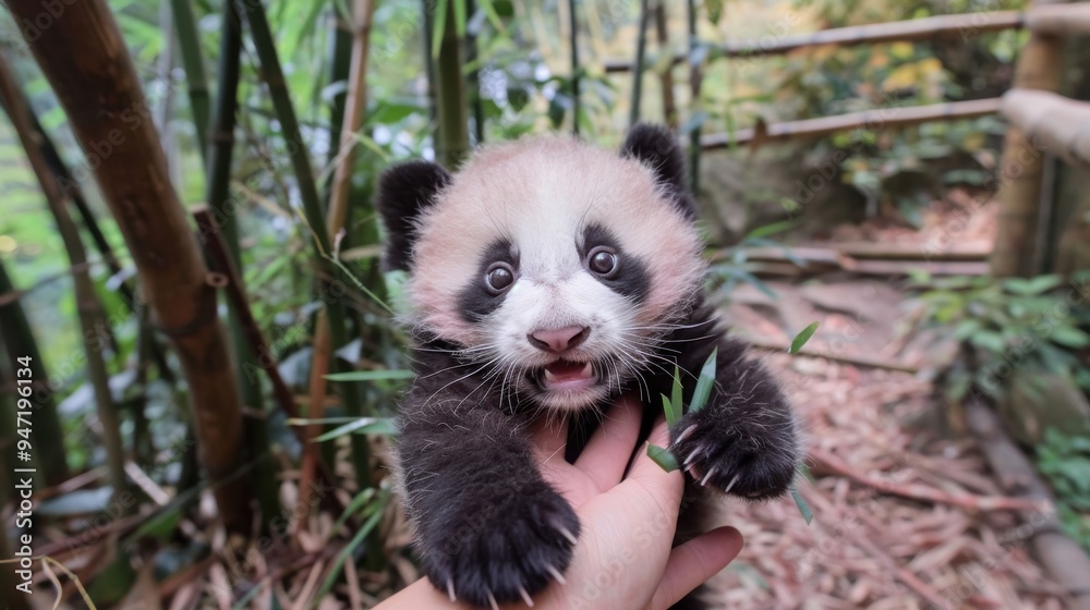 Tiny panda cub is lifted by hand, its wide eyes and curious expression capturing innocence and wonder of baby animals, bamboo surroundings enhance natural beauty of moment. Tiny panda cub is lifted by hand, its wide eyes and curious expression capturing innocence and wonder of baby animals, bamboo surroundings enhance natural beauty of moment.
