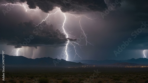 Lightning strikes over distant mountains. Dramatic power, lightning illuminating remote peaks, light on surrounding landscape during storm. photo