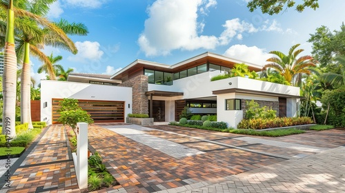 Modern White House with Stone Accents and Palm Trees