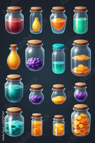 Set of liquid jars isolated on a dark background, cartoon style