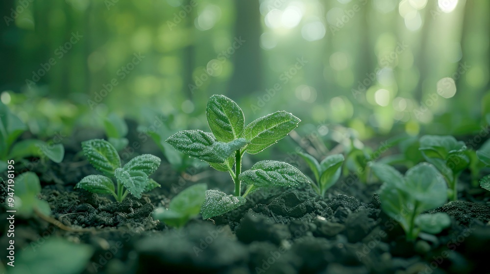 Dew-Covered Seedlings in a Lush Forest Setting Dew-Covered Seedlings in a Lush Forest Setting
