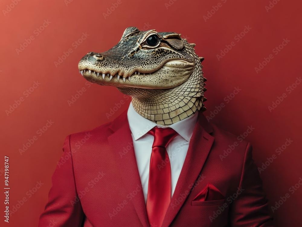 Dapper Man in Business Suit with Alligator Head on Solid Color Background for Copy Space Dapper Man in Business Suit with Alligator Head on Solid Color Background for Copy Space
