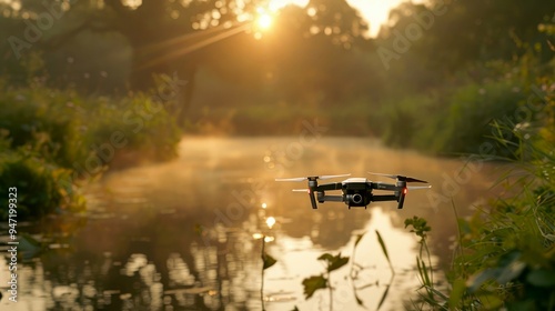 Drone flying over a misty river at sunrise photo